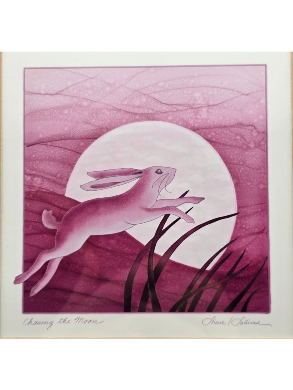 Chasing The Moon Sybil Shane Studios Matted Framed Art Print 9"x9" Pink Rabbit